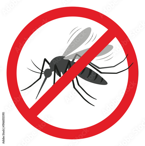 Flat illustration of no mosquito sign depicting prohibition symbol with insect for pest control and health design