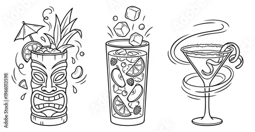 Outline icon set of 3 tropical cocktails featuring tiki mug, highball glass and martini for bar and menu design