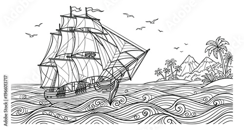 Line art illustration of a tall ship sailing ocean waves depicting a tropical island adventure scene for nautical and travel design