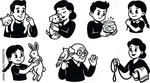Black and white line art people holding pets cat dog fish bird rabbit and leash