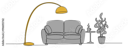 Continuous line art illustration of modern living room depicting cozy sofa with floor lamp and houseplant for interior design