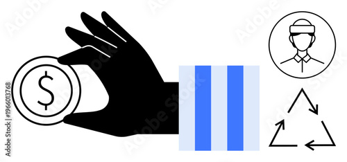 Finance, sustainability, labor, economic systems, recycling, environmental practices. Hand holding a dollar coin, worker icon recycling symbol vertical stripes. Finance and sustainability ion