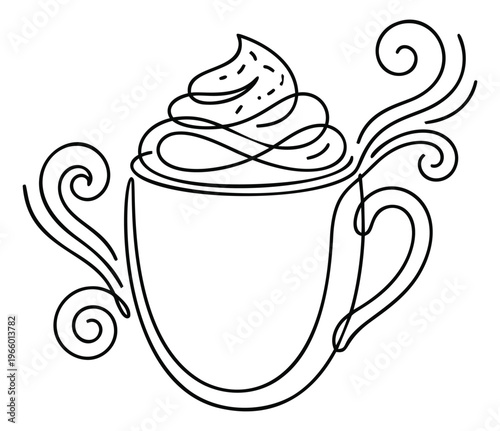 Line art illustration of a coffee mug depicting whipped cream topping with decorative steam swirls for cafe and beverage design
