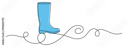Flat and line art illustration of a blue rubber boot depicting a single continuous line design for fashion and seasonal use