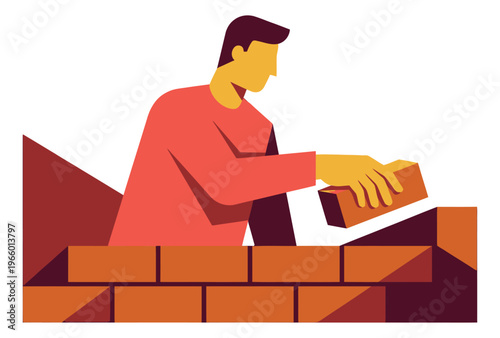 Flat illustration of a bricklayer depicting a worker laying bricks on a wall for construction and labor design