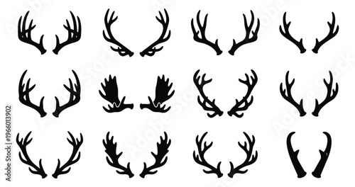 Silhouette icon set of 14 deer antlers featuring various rack shapes and sizes for hunting and wildlife design