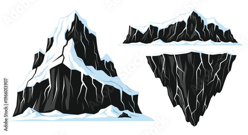 Stylized illustration of jagged mountain peaks and a floating island showcasing a dramatic dark silhouette high quality professional detailed modern elegant