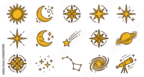 Outline icon set of 15 celestial astronomy symbols featuring sun, moon, stars, planets, comet, galaxy and telescope for space design