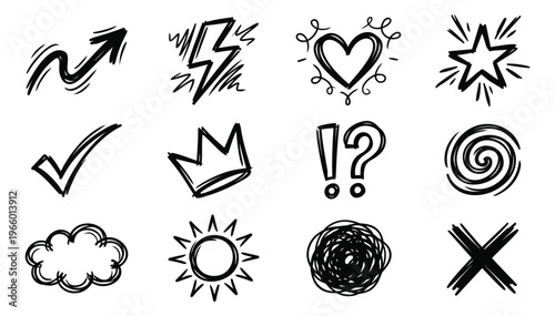 Sketch icon set of 12 hand drawn doodle symbols featuring arrow, crown, heart and star elements for social media design