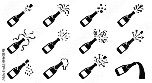 Silhouette icon set of 12 champagne bottles featuring popping corks, fizzing bubbles and celebration splashes for party design