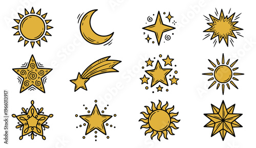 Hand drawn icon set of 12 celestial symbols featuring sun, moon, stars and comet for astrology and decoration design