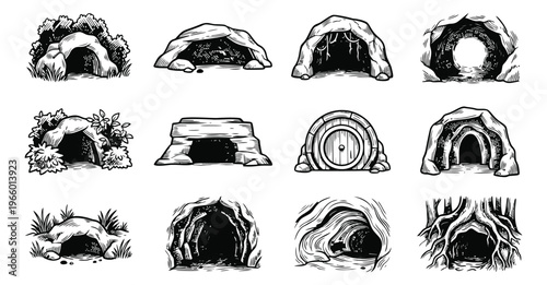 Engraving icon set of 12 cave entrances featuring rocky openings, hobbit doors and forest hollows for fantasy and game design