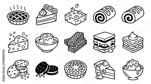 Outline icon set of 15 dessert and bakery symbols featuring pie, cake, cookies, tart and sweet treats for food design