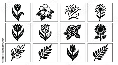 Silhouette icon set of 12 botanical elements featuring tulips, roses, sunflowers, lilies, daisies and leaves for floral design
