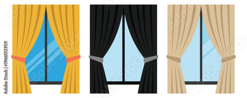 Flat icon set of 3 window curtains featuring yellow black and beige drapery styles for interior design