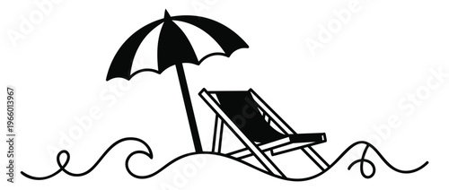 Silhouette illustration of beach scene depicting sun lounger and parasol with ocean waves for summer travel design