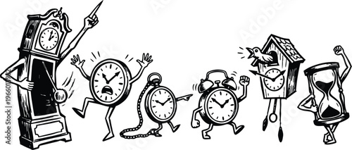 Playful black and white anthropomorphic clocks marching with hourglass cuckoo and grandfather clock line art