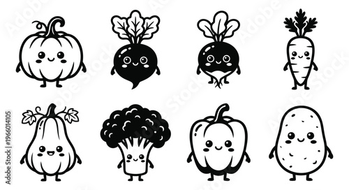 Cartoon icon set of 8 cute kawaii vegetable characters featuring pumpkin, carrot, broccoli and pepper for kids design