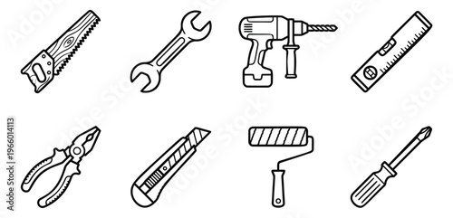 Outline icon set of 8 construction tools featuring saw, wrench, drill, level, pliers, knife, roller and screwdriver for home repair design