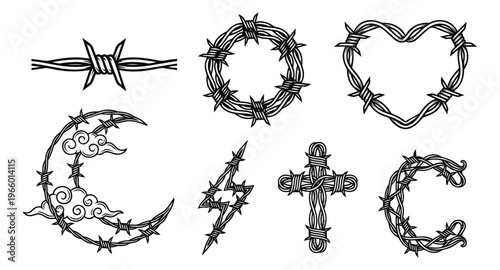 Outline icon set of 7 barbed wire shapes featuring heart, cross, wreath, moon and lightning bolt for gothic tattoo design