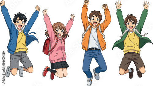Happy teenagers jumping with raised hands, excited students celebrating success, cheerful friends group anime style illustration vector collection