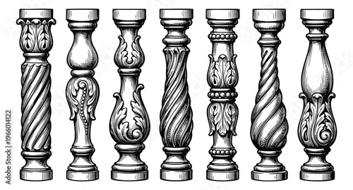 Engraving icon set of 7 ornate balusters featuring classical columns with scrollwork, twisted shafts and acanthus carvings for architectural design