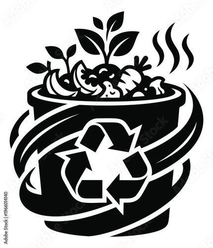 Bold cartoon illustration of compost bin depicting organic waste recycling with plants and recycle symbol for sustainability design