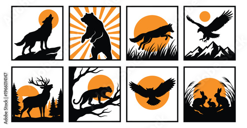 Silhouette icon set of 8 wild animals featuring wolf, bear, fox, eagle, deer, panther, owl and rabbits with sun and nature scenes for wildlife design