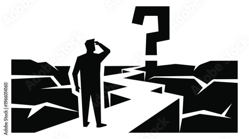Silhouette illustration of businessman standing at cracked path depicting uncertainty and decision making for business and strategy design