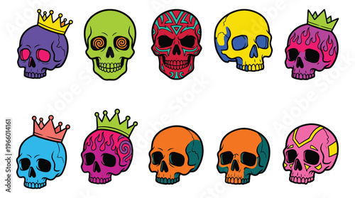 Cartoon icon set of 10 colorful decorated skulls featuring crowns, flames and tribal patterns for Halloween and tattoo design