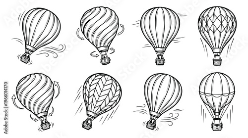 Sketch icon set of 8 hot air balloons featuring various stripe and pattern designs for travel and adventure themes