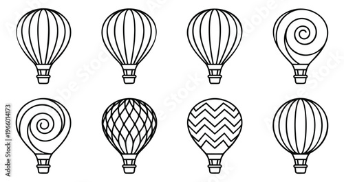 Outline icon set of 8 hot air balloons featuring vertical stripes, spiral, diamond, chevron and geometric patterns for travel design