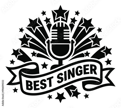 Bold silhouette illustration of a vintage microphone with stars and ribbon banner depicting best singer award for music and entertainment design
