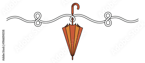 Outline illustration of a closed umbrella hanging on a decorative wavy line divider for autumn and weather design