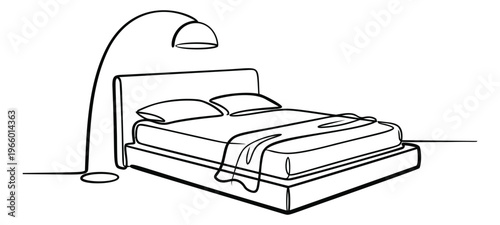 Line art illustration of bedroom furniture depicting a double bed with pillows and floor lamp for interior design