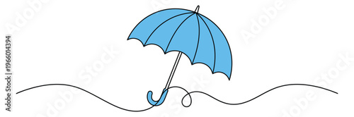 Continuous line art illustration of open blue umbrella depicting rain protection concept for weather and seasonal design