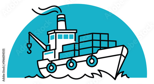 Cartoon illustration of a cargo ship depicting maritime freight transport on ocean waves for shipping and logistics design