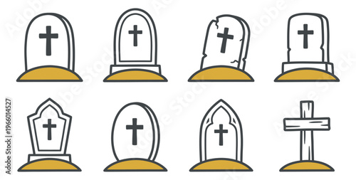 Cartoon icon set of 8 Halloween gravestones featuring cross tombstones and burial markers for spooky holiday design