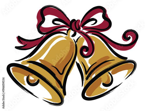 Cartoon illustration of golden Christmas bells depicting a festive pair tied with a red bow for holiday greeting design