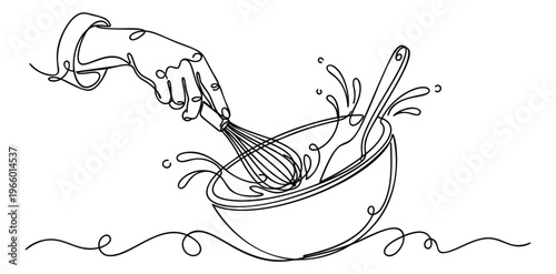 Continuous line art illustration of a hand whisking batter in a mixing bowl depicting dynamic splashing motion for cooking and culinary design