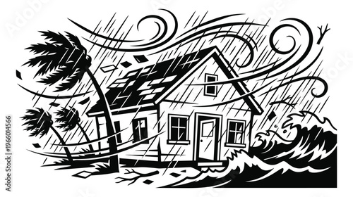 Woodcut illustration of a coastal house depicting hurricane storm surge and flooding for disaster and weather design