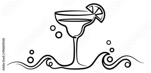 Line art illustration of margarita cocktail depicting ocean waves and citrus garnish for bar and summer design
