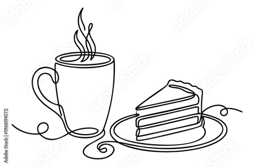 Line art illustration of coffee cup and cake slice depicting a cozy cafe moment for food and beverage design