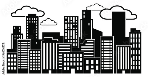 Silhouette illustration of urban city skyline depicting tall buildings and clouds for architecture and real estate design