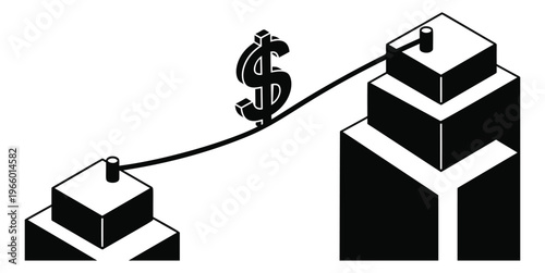Flat illustration of dollar sign on a zipline between two buildings depicting financial growth and income inequality for business design