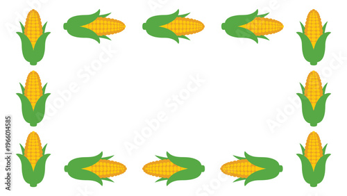 Flat border frame of 14 corn icons featuring sweet maize cobs with green husks for harvest and seasonal design