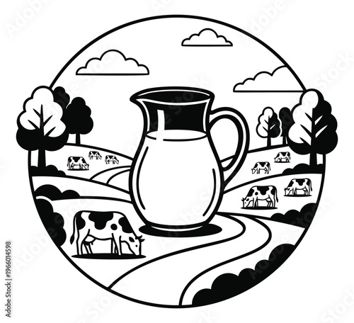 Cartoon illustration of a milk jug depicting a pastoral farm scene with grazing cows and countryside landscape for dairy and food design
