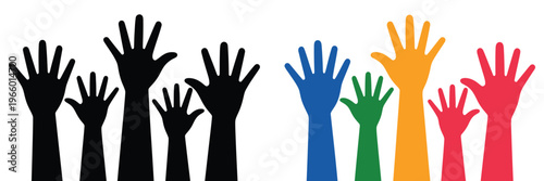 Raised hands diversity and unity participation icon, inclusive community concept with teamwork collaboration, social equality symbol representing support, engagement and togetherness, clean vector
