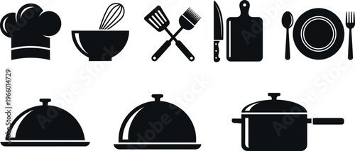 High-quality vector illustration of essential cooking tools and kitchenware, perfect for recipes, culinary apps, restaurant menus, and food-related marketing materials. Clean and modern design with tr