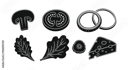 A collection of burger ingredients depicted in a stark black silhouette style including vegetables and cheese silhouette high quality professional detailed